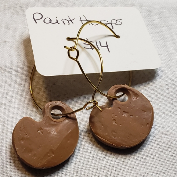 Artisan Made Colorful Artist Palette Pierced Earrings Goldtone Hoops - Picture 4 of 5